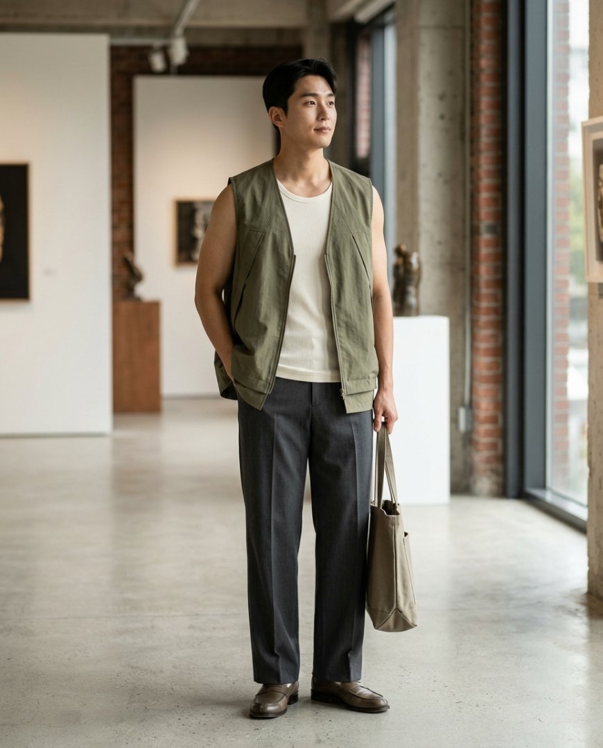 루프탑에서 민소매 티셔츠 위에 셔츠를 겹쳐 입은 남성