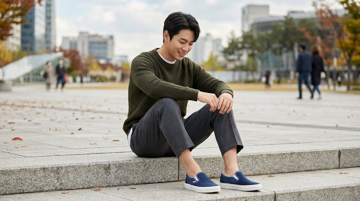여러 개의 남성 슬립온이 나무 바닥에 놓인 장면