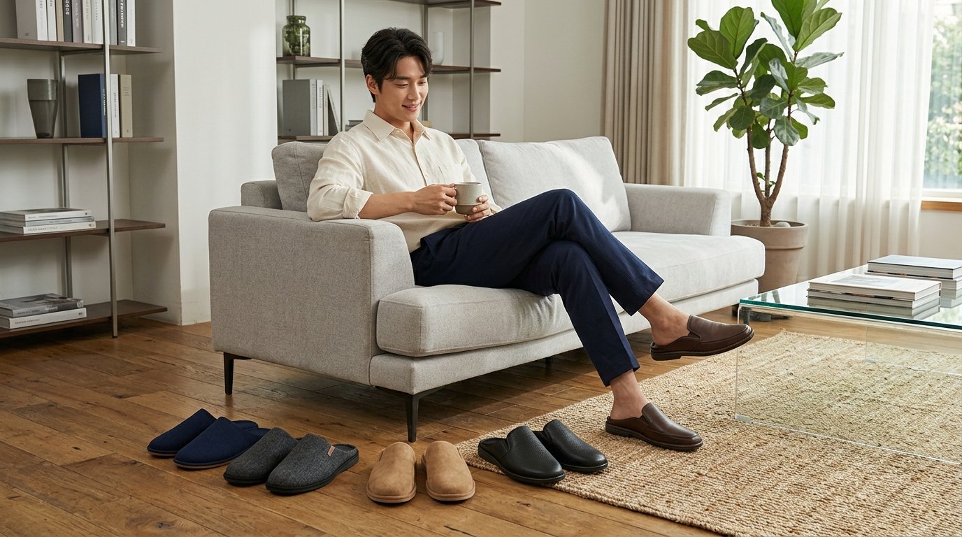 여러 스타일의 남성 슬리퍼들이 정렬된 장면