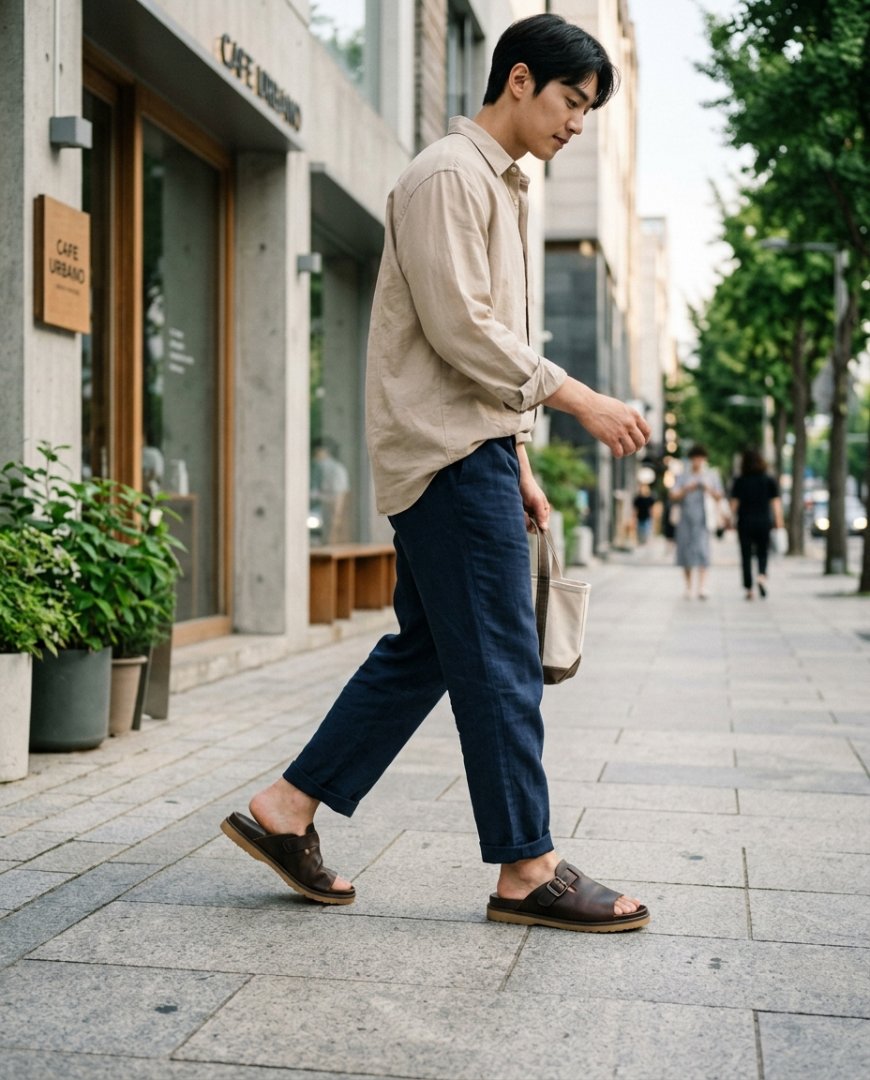 도심에서 슬리퍼를 신은 남성의 모습