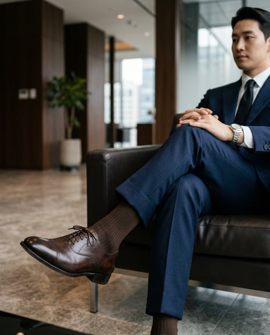 정장 바지 밑단과 브라운 양말 클로즈업