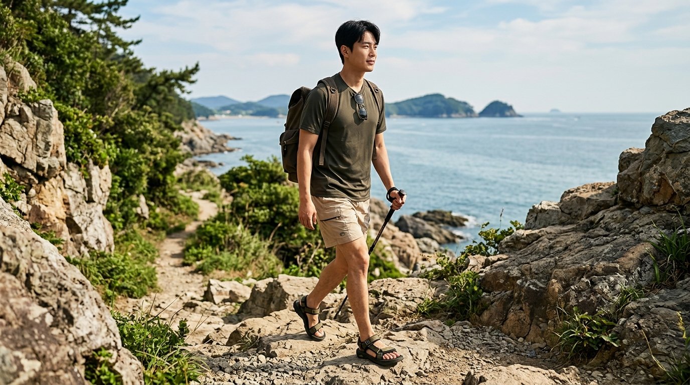 도시와 자연을 배경으로 한 남성 스포츠샌들 착장.