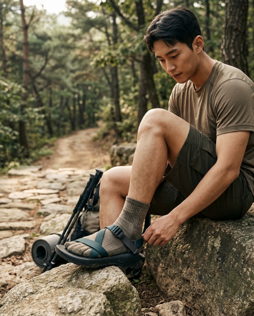 산행 중 트레일 코스를 걷는 남성의 스포츠샌들 착장.