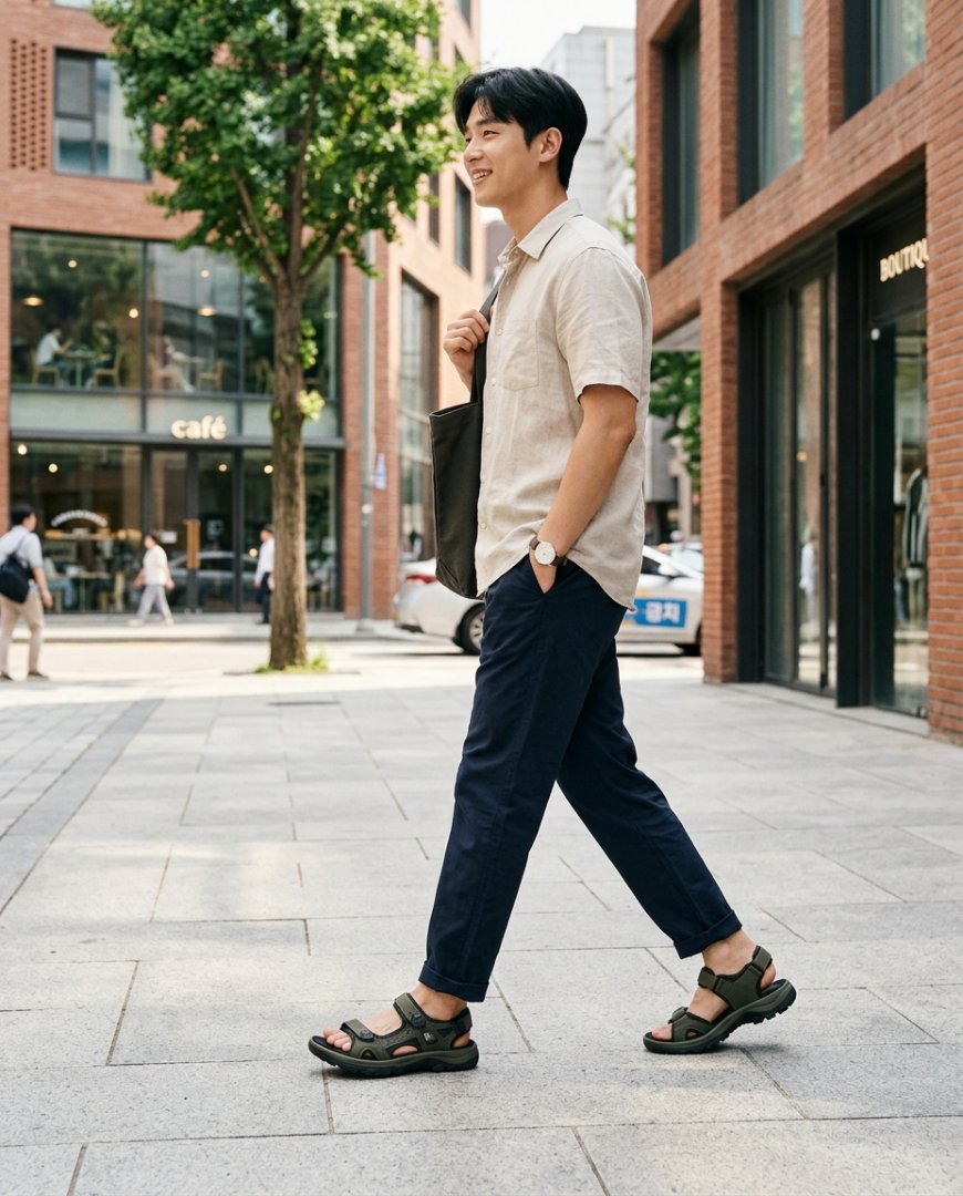 도시 거리에서 캐주얼하게 샌들을 착용한 모습.