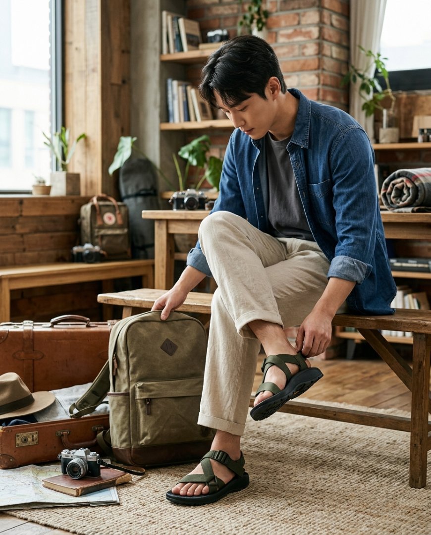 공항에서 여행 준비 중인 스포츠샌들 착장.