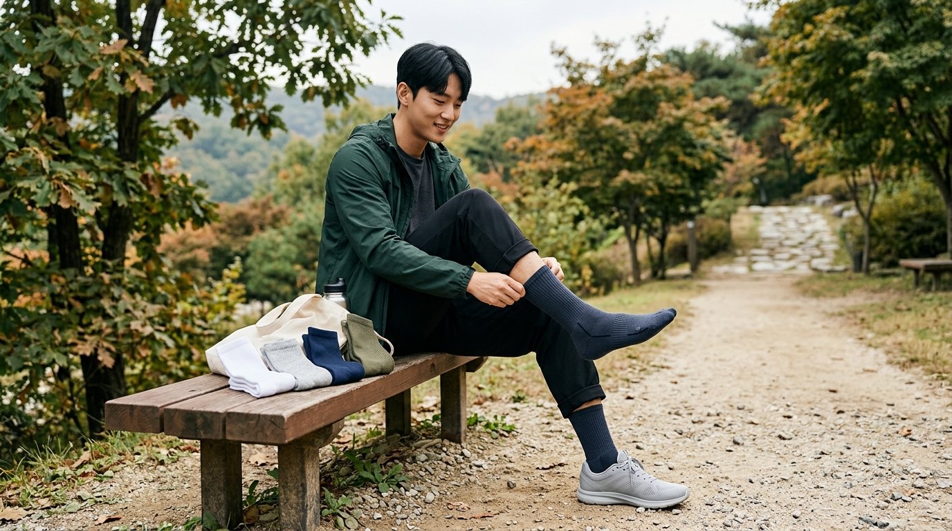 스포츠 트랙에서 런닝화와 양말을 착용한 사람들의 모습