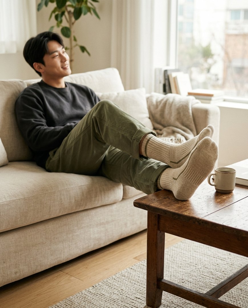 주말 아침, 소파에서 쉬는 사람의 발과 양말