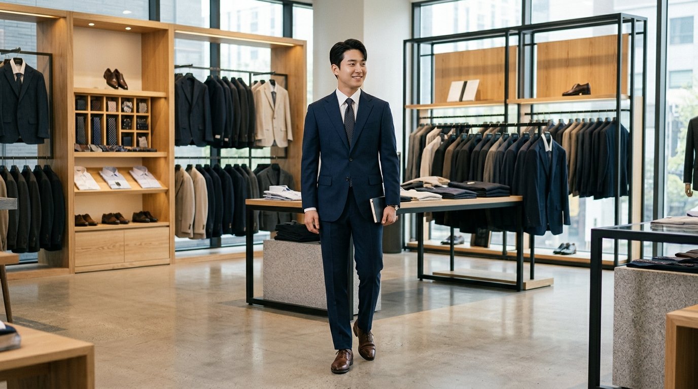 도심 거리에서 정장을 입은 모델들이 걷고 있는 장면