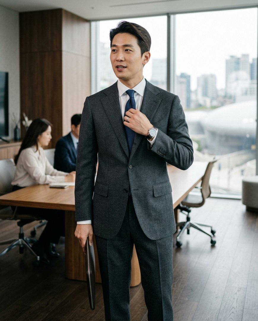 회의실에 앉아 네이비 정장을 입은 남성