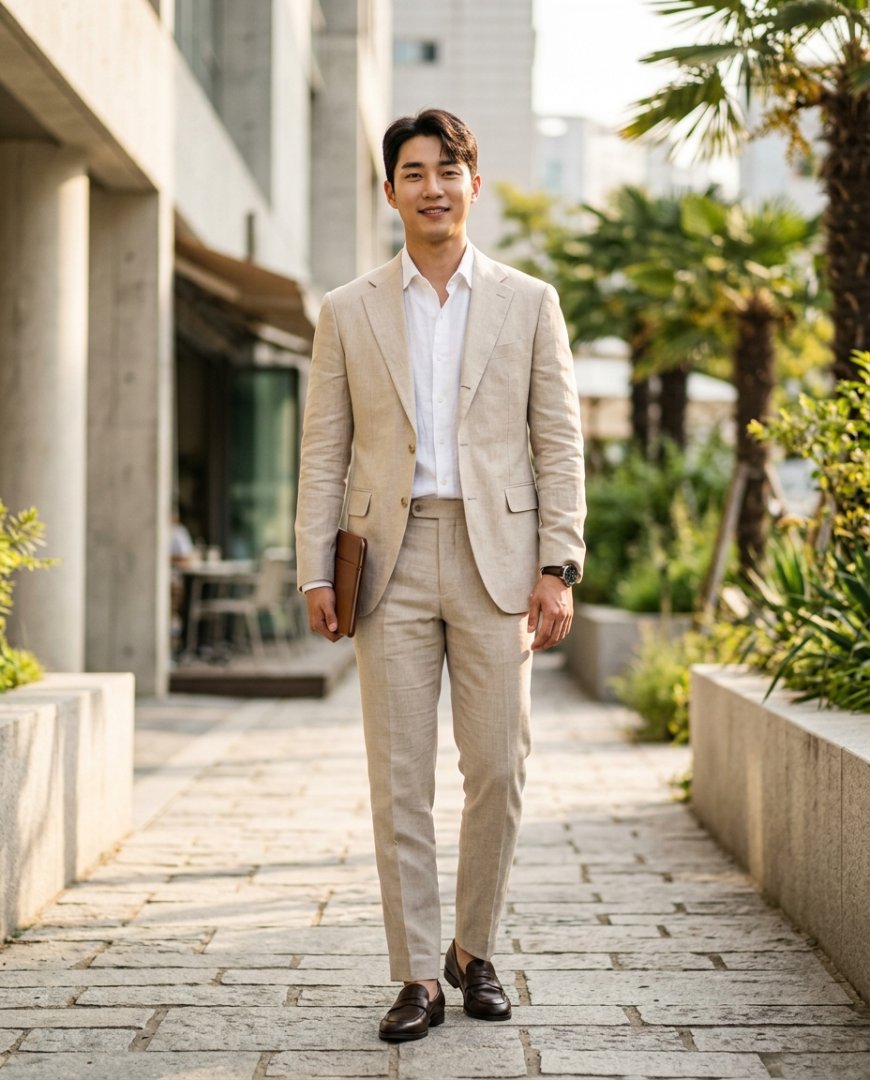 여름날 공원에서 린넨 정장을 입은 남성