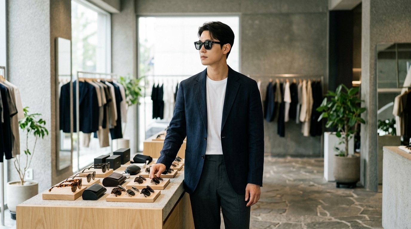 다양한 남성 선글라스가 평평한 표면에 배열된 모습