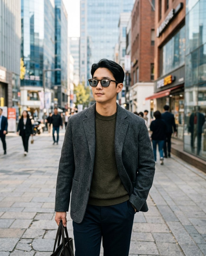 도시 거리 배경의 캐주얼한 룩과 선글라스