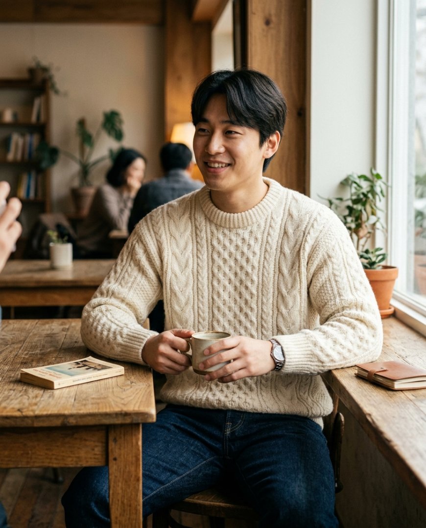 남성이 베이지 스웨터와 데님으로 캐주얼 룩을 완성한 모습