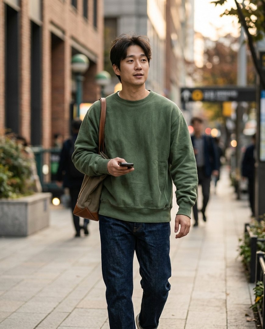 빈티지한 카페에서 회색 스웨트셔츠 입은 남성