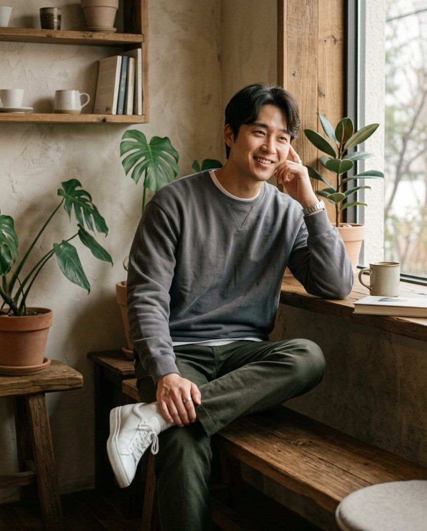 회색 맨투맨과 조거 팬츠를 입은 남성