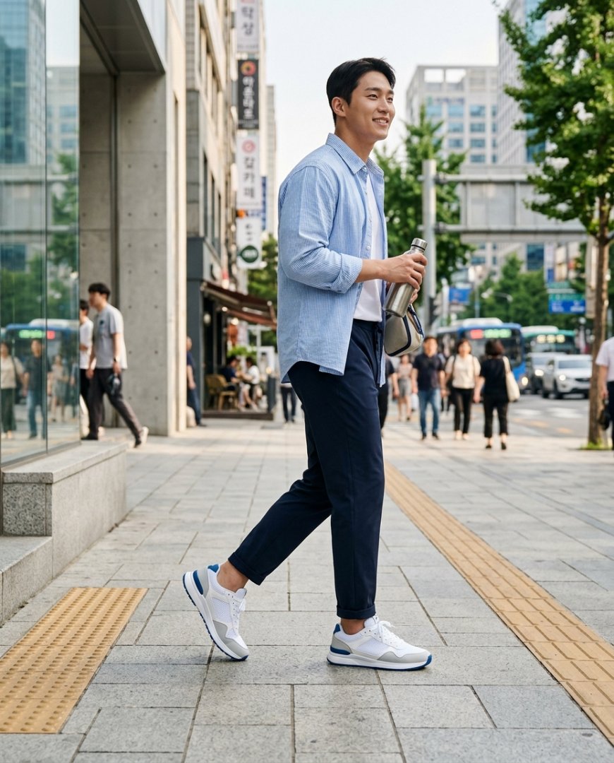 도시 거리에서 캐주얼한 옷을 입은 남성의 테니스화 착용 모습