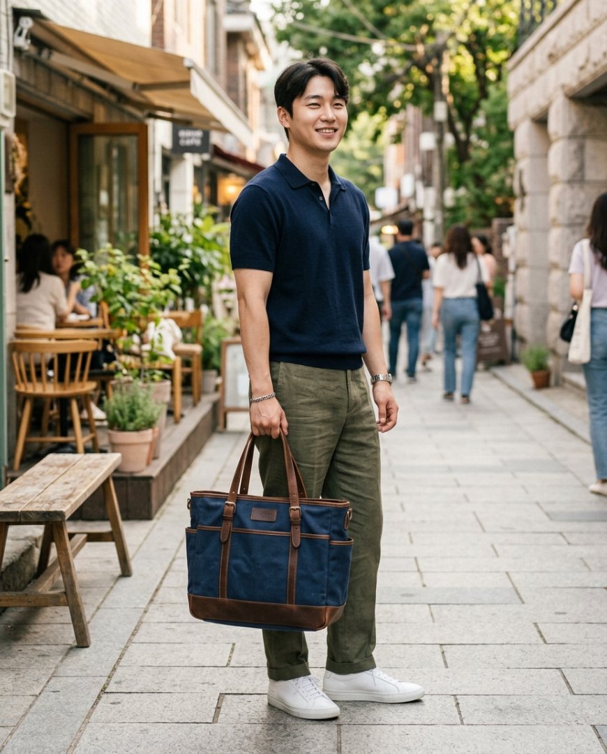 거실 테이블에 놓인 캐주얼한 토트백과 데님 셔츠
