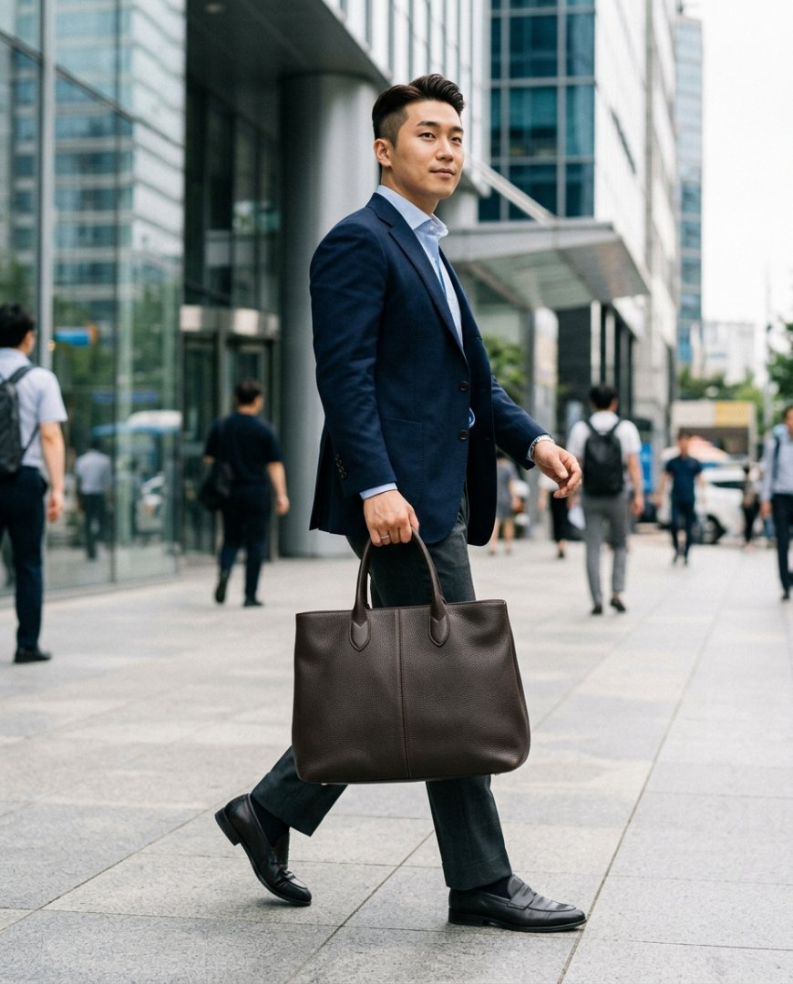 사무실 데스크에 놓인 블랙 토트백과 셔츠