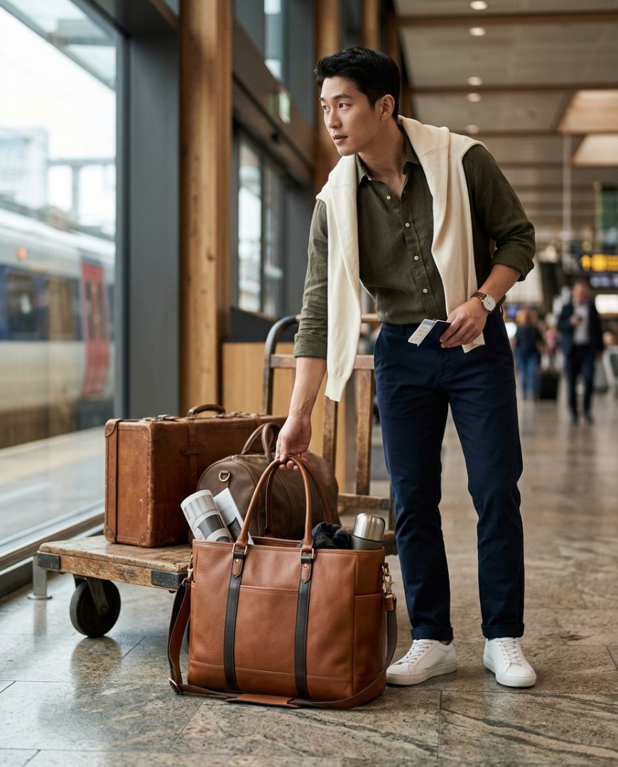 공항 대기실 테이블 위의 여행용 토트백과 캐주얼 팬츠
