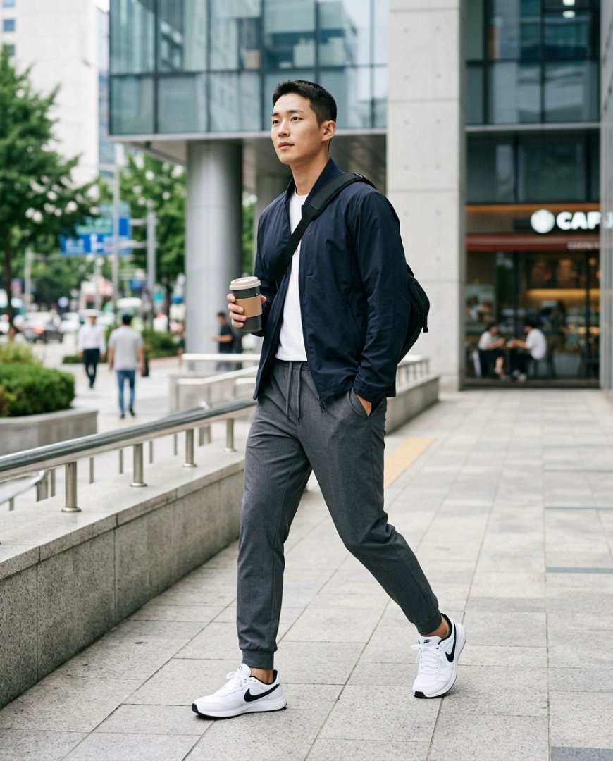 슬림 핏 트레이닝 팬츠와 스니커즈 스타일링