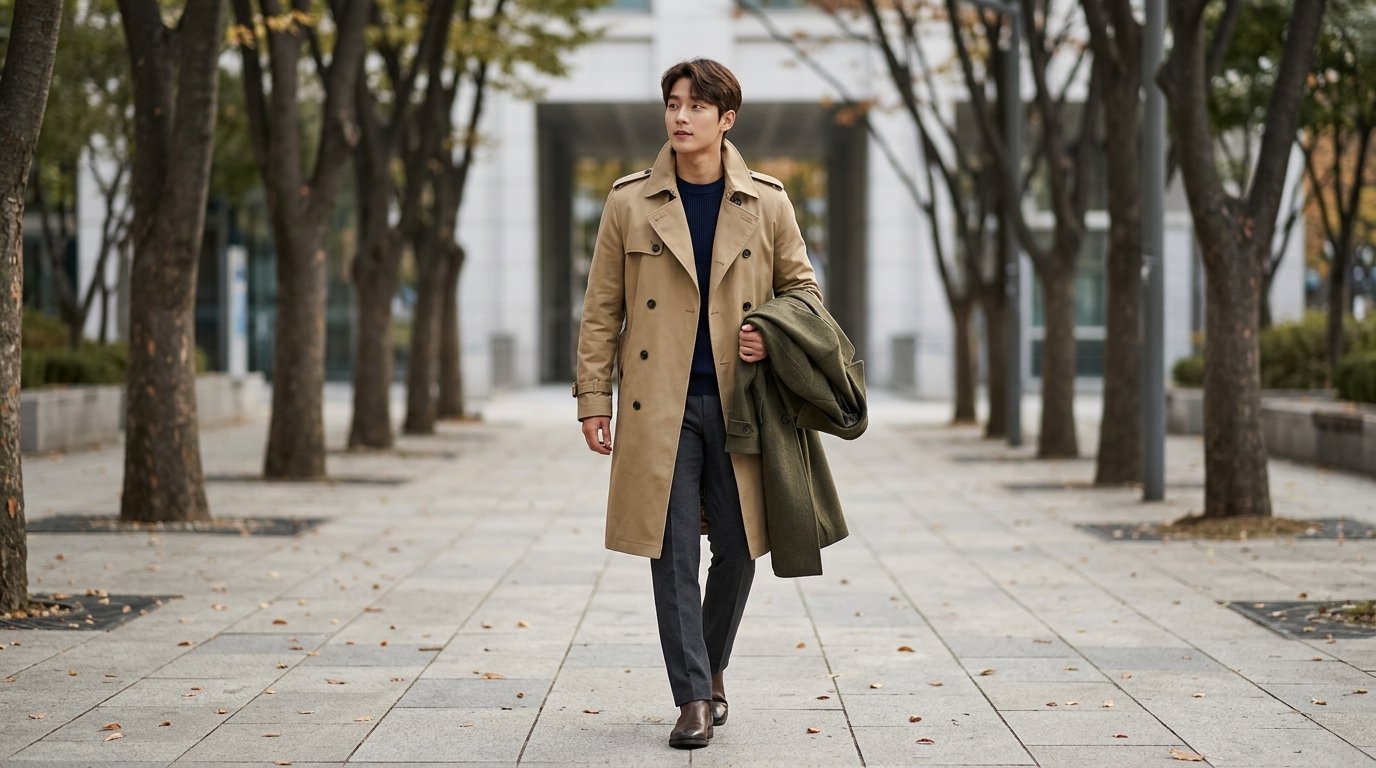 도시의 거리에서 여러 사람이 레이어링을 한 채 트렌치코트를 입고 서 있는 장면.