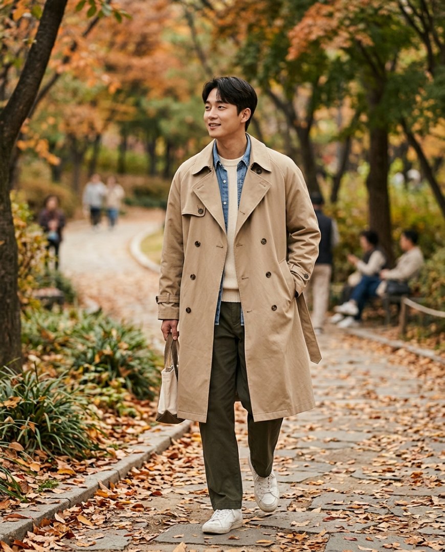 베이지 트렌치코트와 데님, 티셔츠를 코디한 남성.