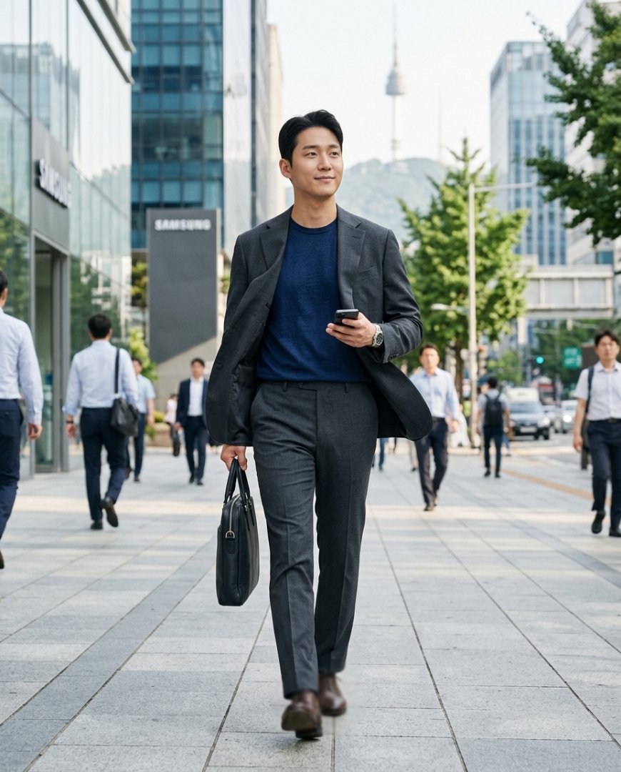 베이지 슬랙스와 회색 티셔츠의 깔끔한 구성