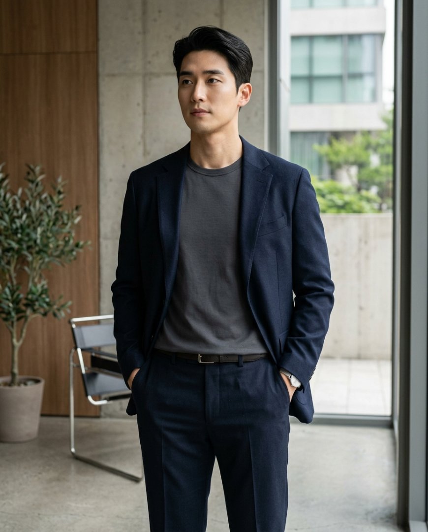 모던한 분위기의 레이어링된 의상 조합