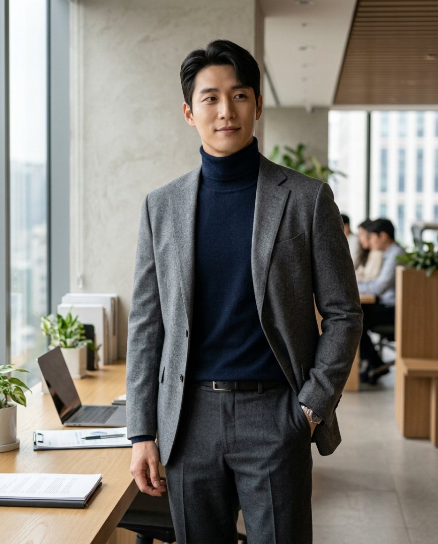 정장에 목폴라를 입고 사무실에서 일하는 남성