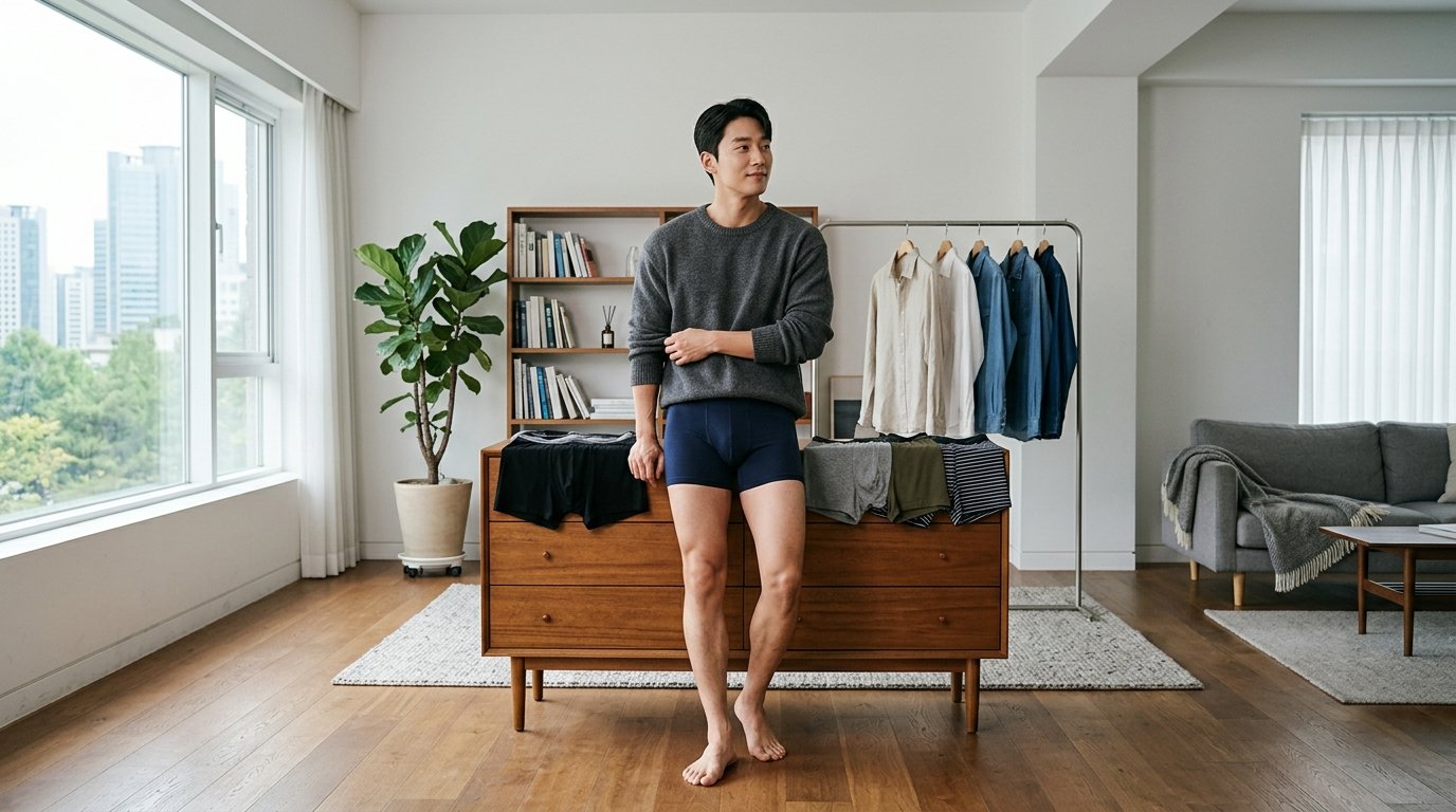 여러 종류의 남성 언더웨어가 진열된 라운지 공간