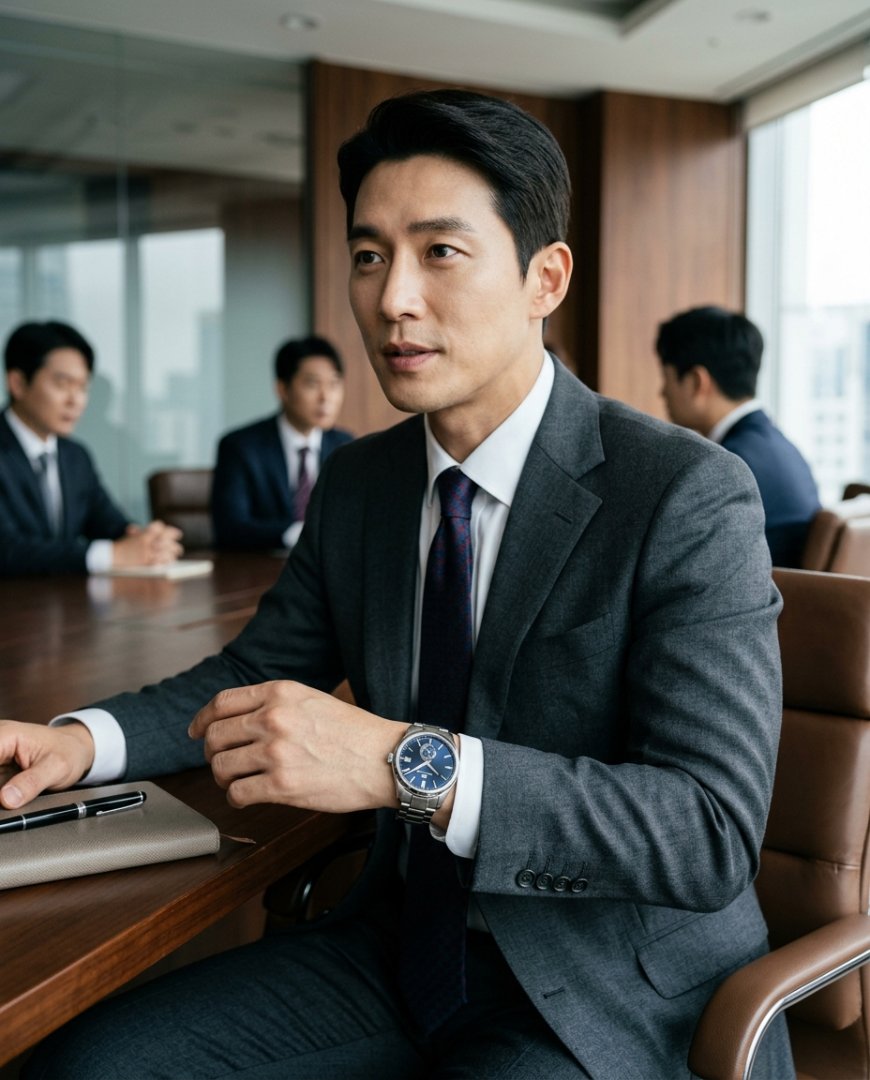 회의실에서 수트와 금속 시계를 착용한 남성