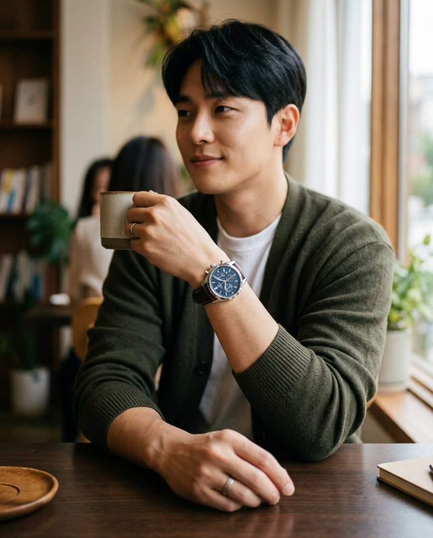 카페에서 캐주얼 차림에 가죽 시계를 착용한 남성
