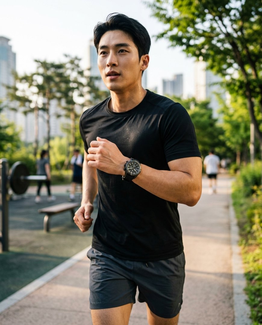 공원에서 방수 시계를 착용하고 운동하는 남성