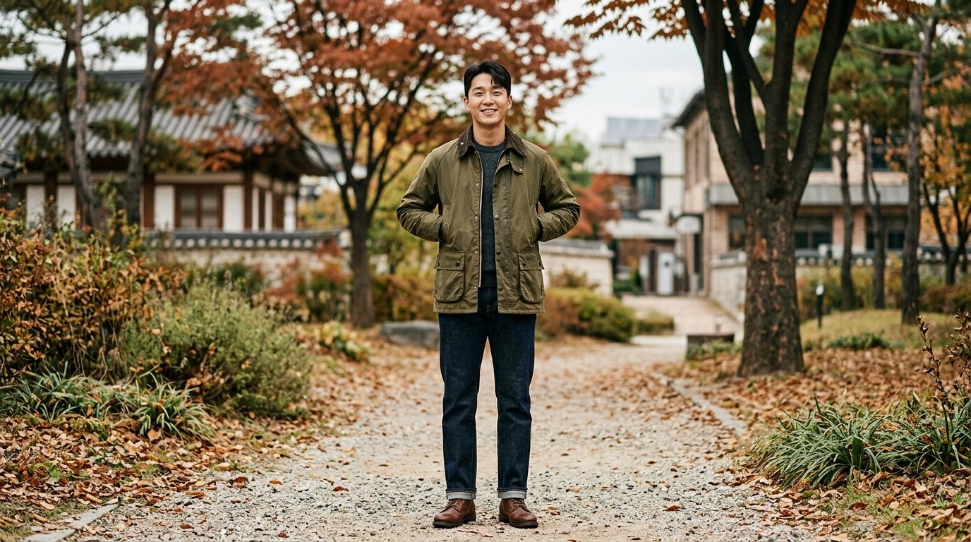 가을 풍경에서 다양한 스타일의 왁스 자켓을 입은 남성들