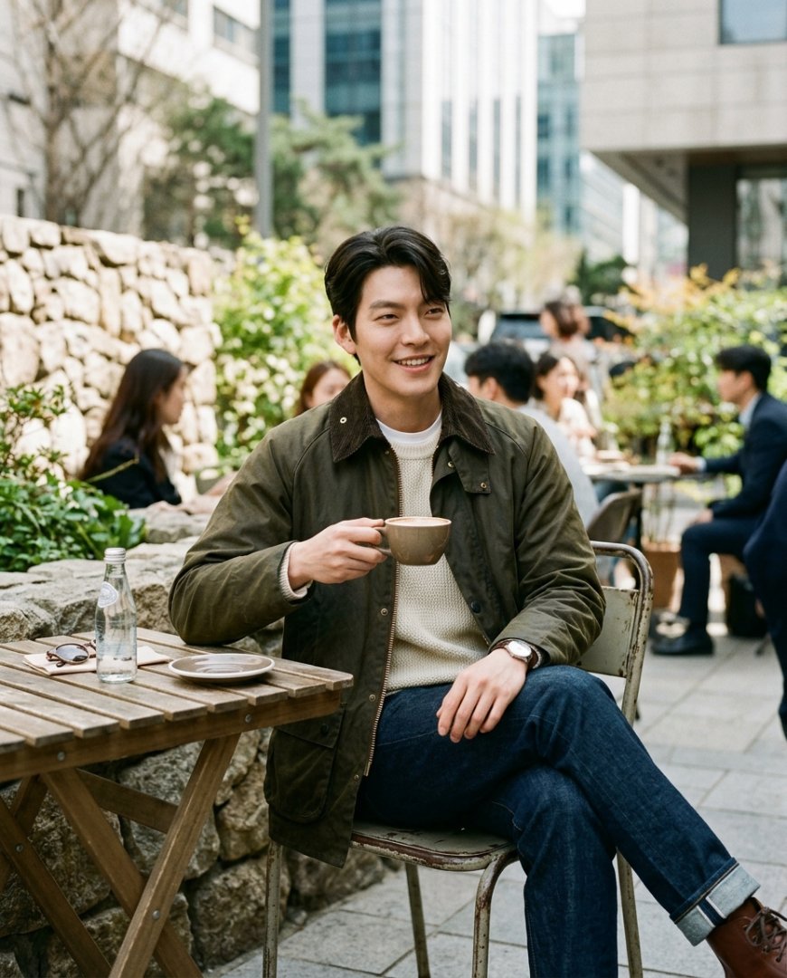 도시의 거리에서 편안한 카키 자켓을 입은 남성