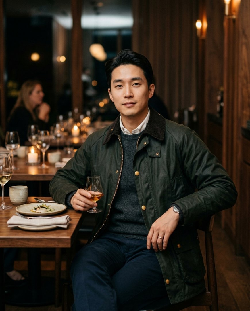 세련된 셔츠와 블랙 자켓을 입고 정찬을 즐기는 남성