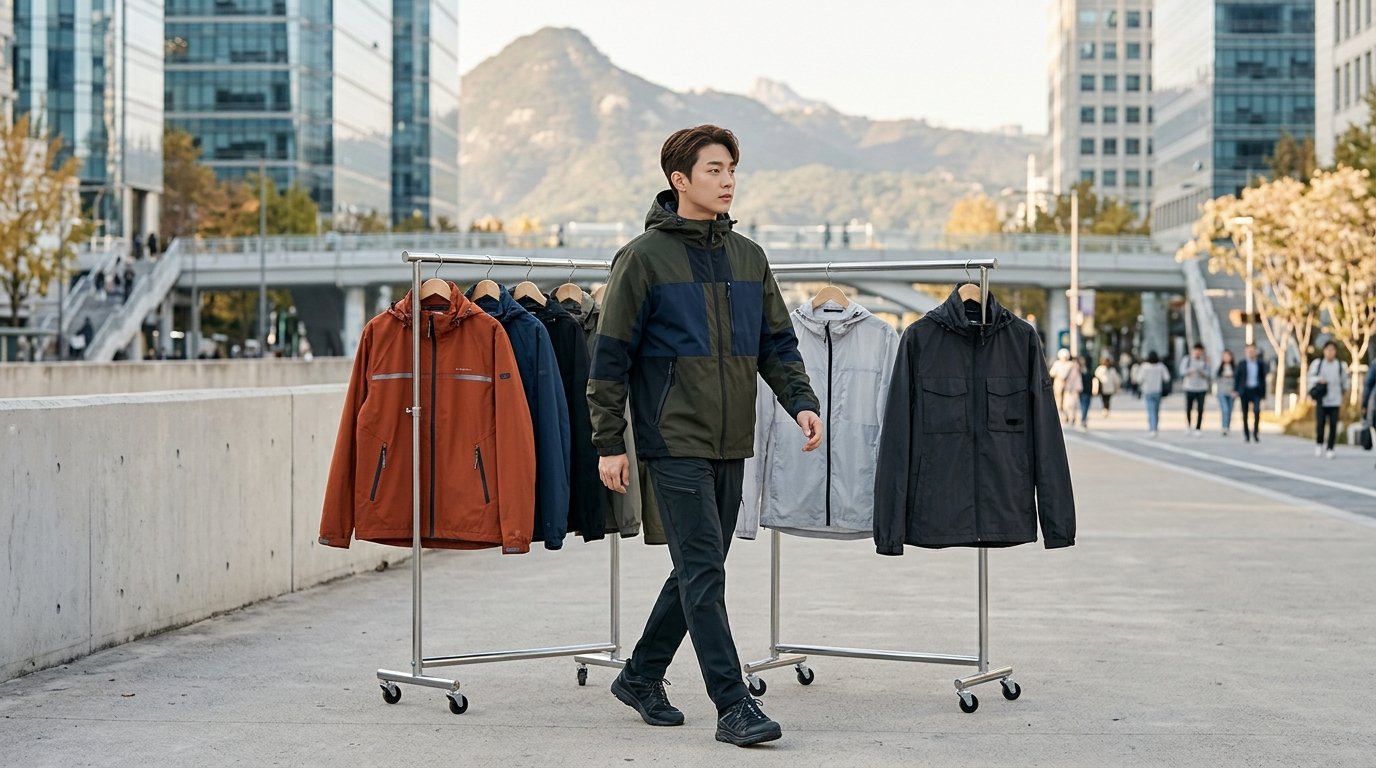 여러 남성이 바람막이를 입고 공원에 모여 있는 모습