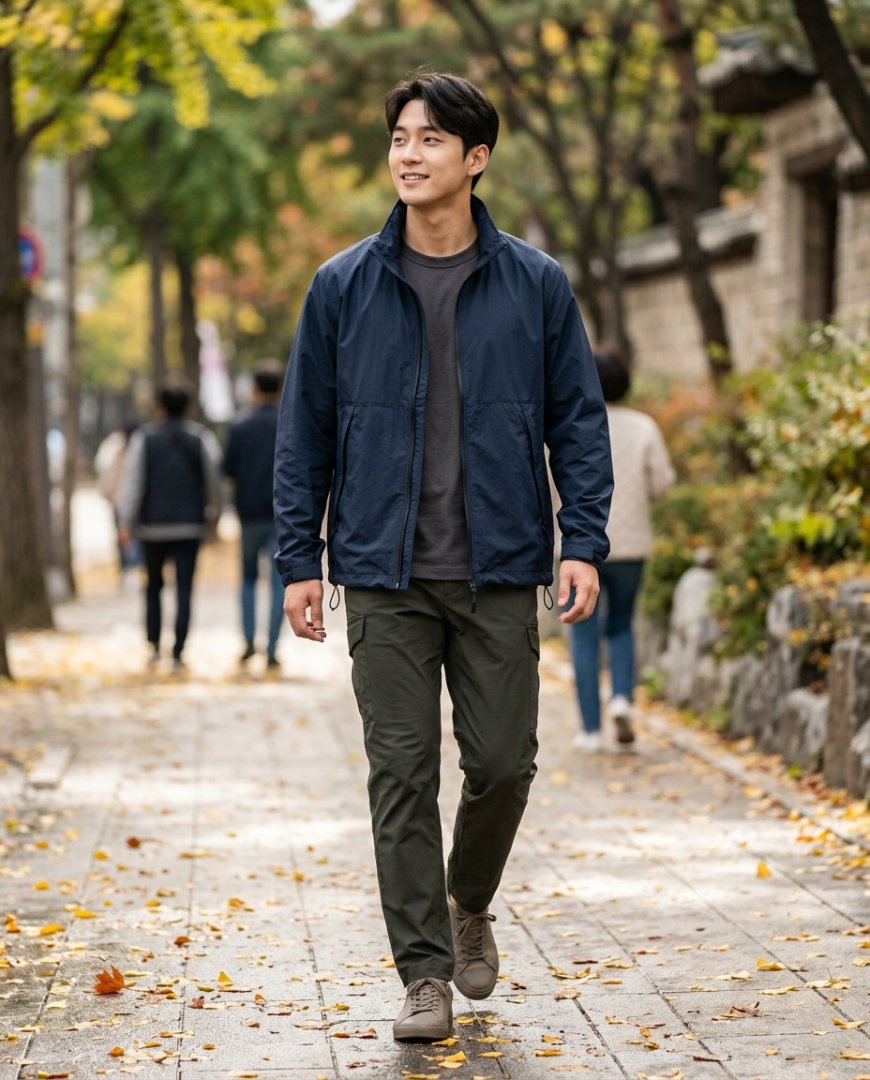 남성이 청바지와 바람막이를 입고 산책하는 모습