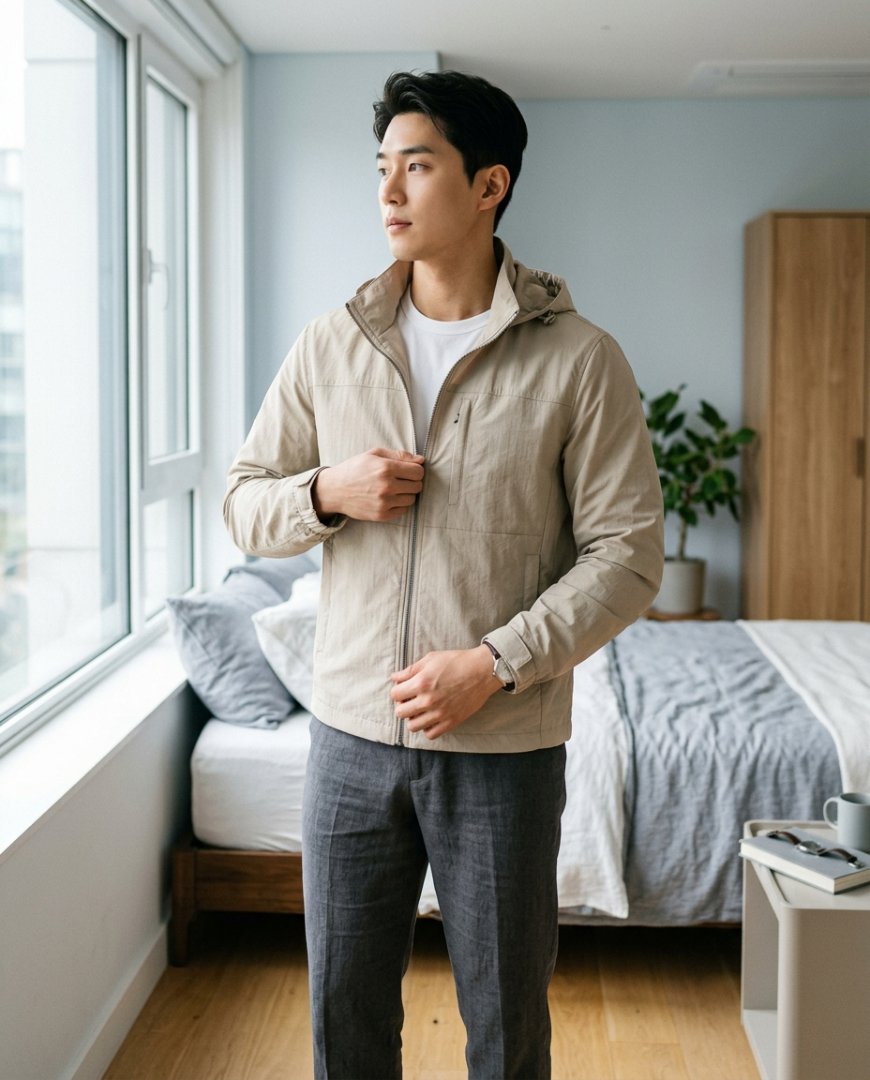 셔츠와 슬랙스에 바람막이를 입고 있는 남성