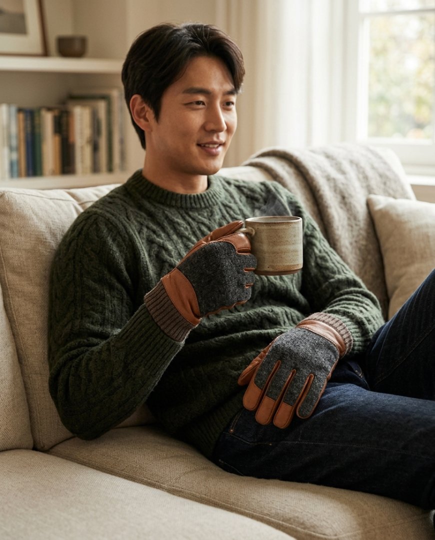커피숍 테이블에서 캐주얼 의상과 블랙 장갑을 매치한 사진.