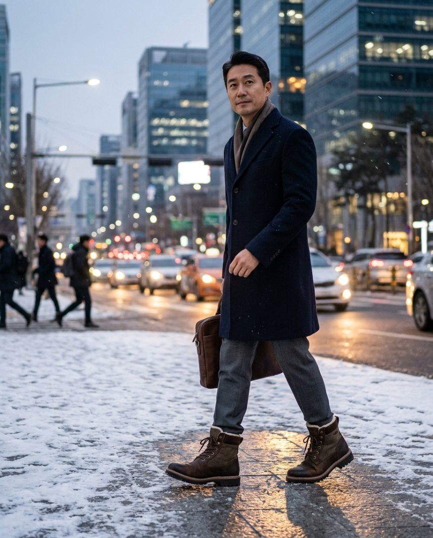 도시 거리에서 코트와 방한부츠를 착용한 인물