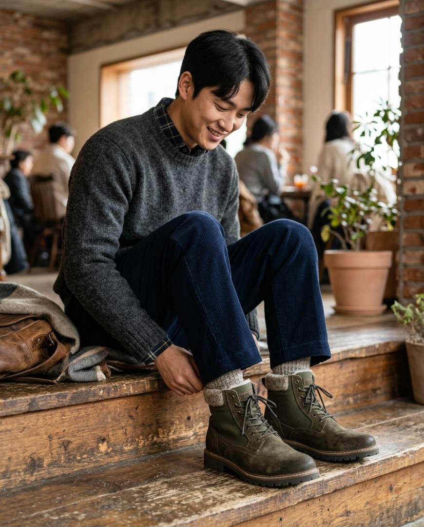아늑한 실내에서 편안한 방한화를 신은 사람