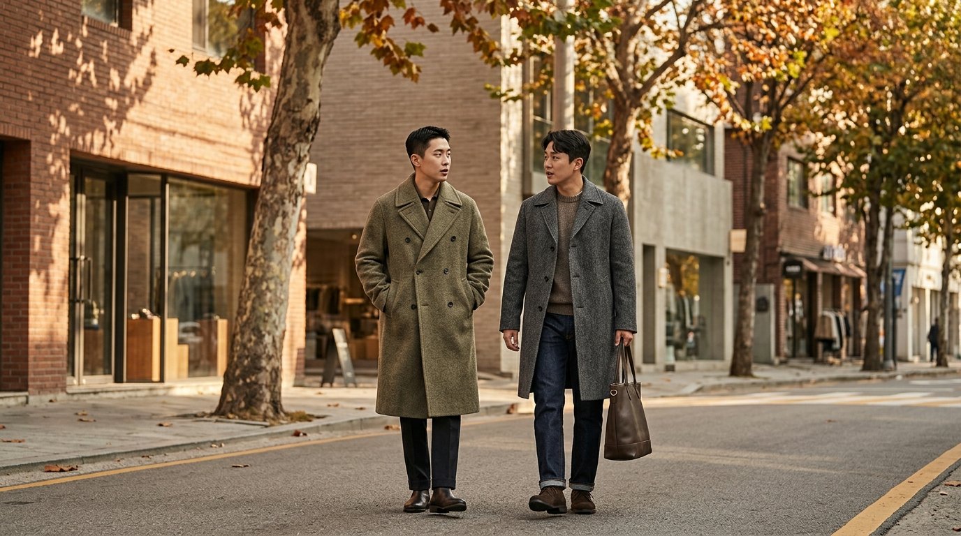 대학 캠퍼스에서 오피신 제네랄 코트를 입은 모델과 학생들