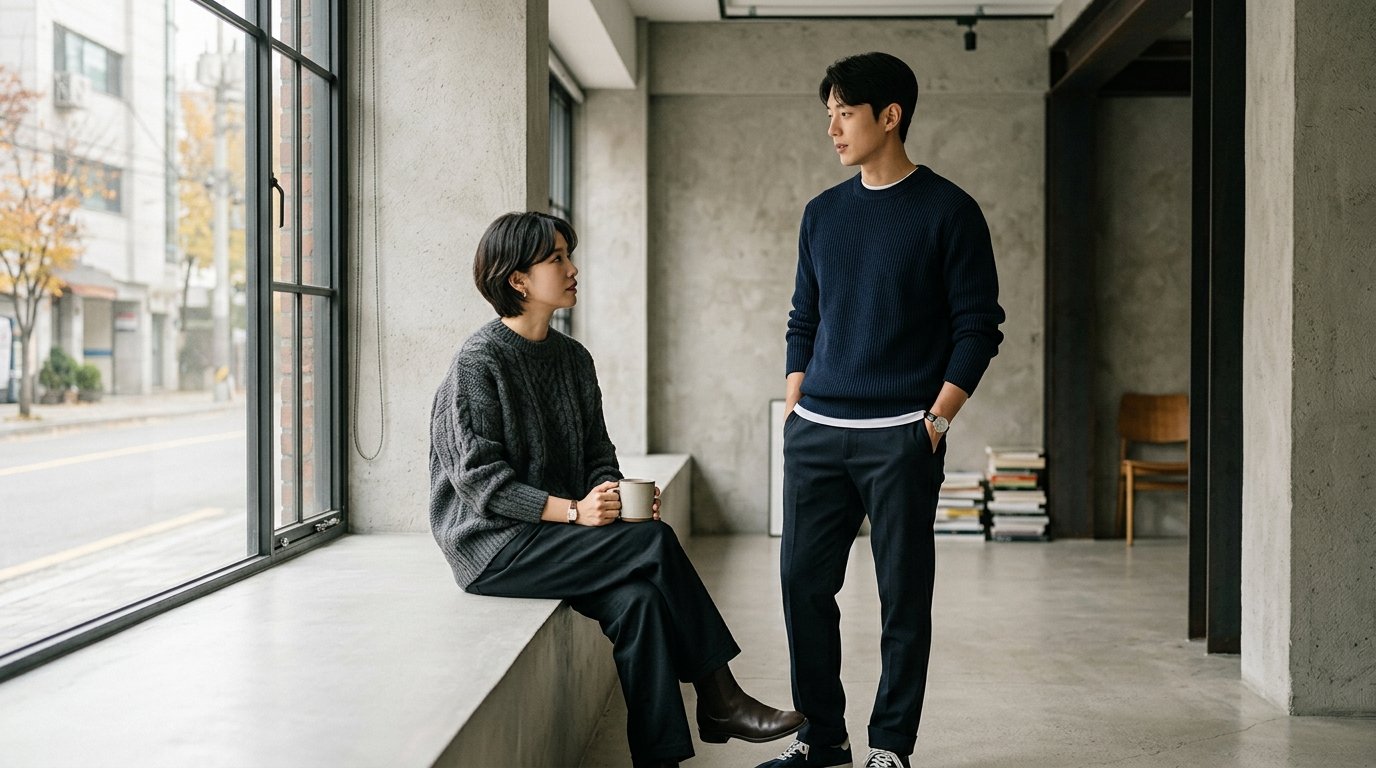 다양한 스웨터가 걸린 옷장 장면