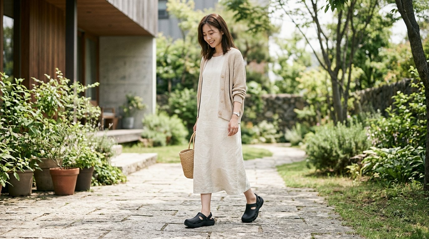 공원에서 다양한 클로그와 플립플랍이 나무 옆에 놓인 모습
