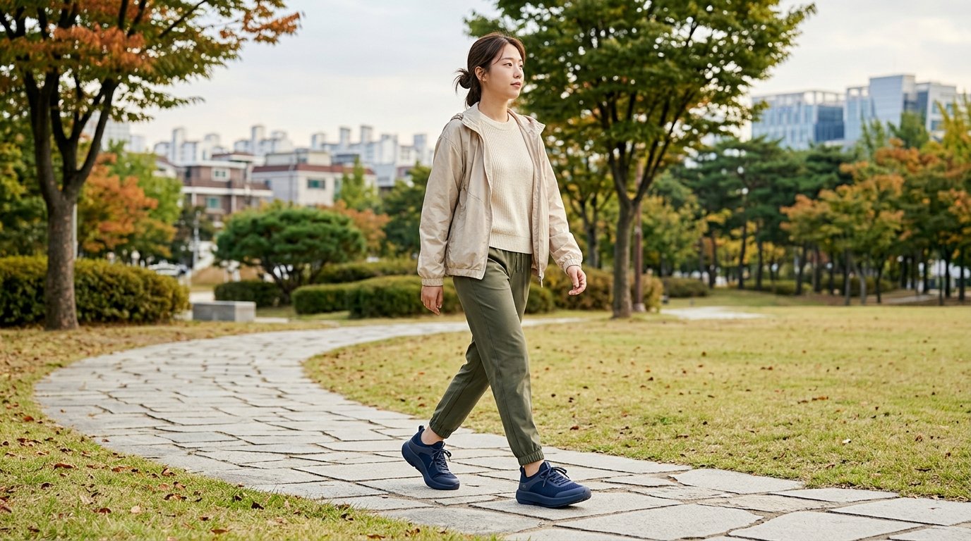 도심 쇼핑 구역에 놓인 다양한 색상의 운동화