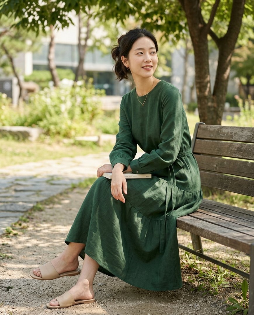공원 길을 따라 산책하는 여성의 긴팔원피스 스타일