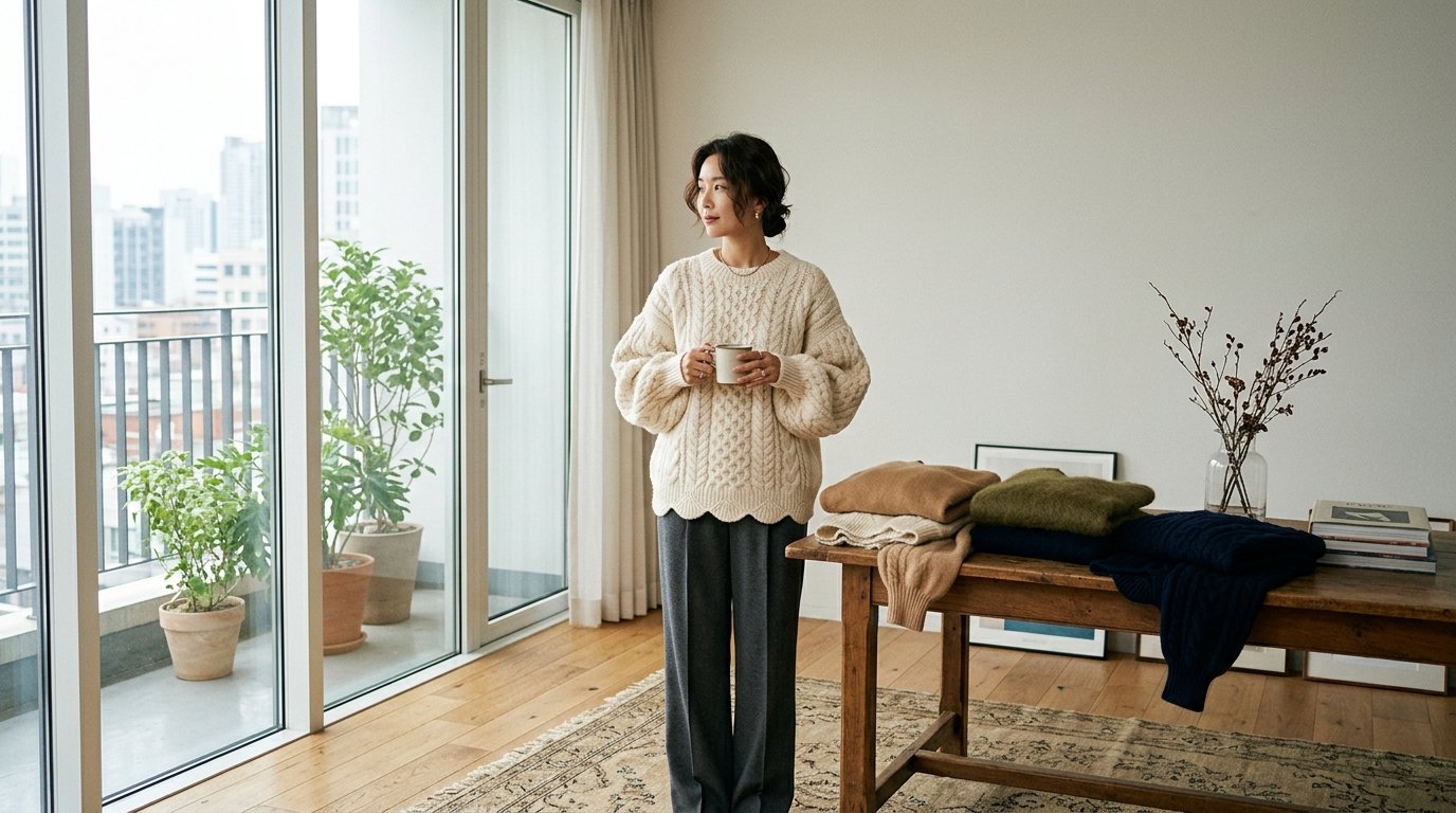다양한 스타일의 스웨터가 옷장에 걸려 있는 모습