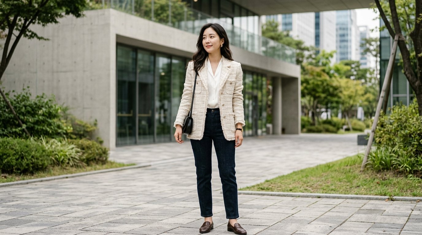 도심의 가을 배경에 다양한 스타일의 트위드 자켓을 입고 있는 사람들.