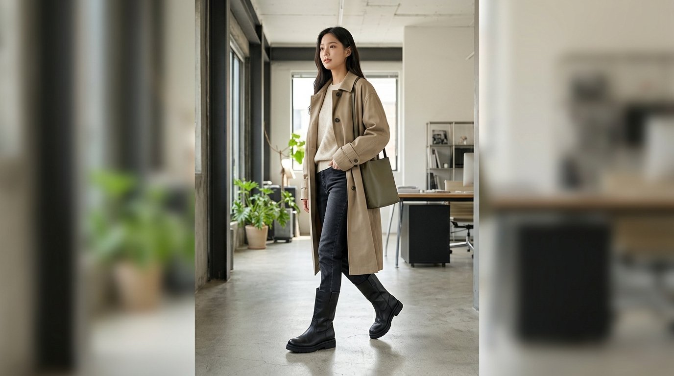 도심을 걷는 프리미아타 부츠 착용 여성